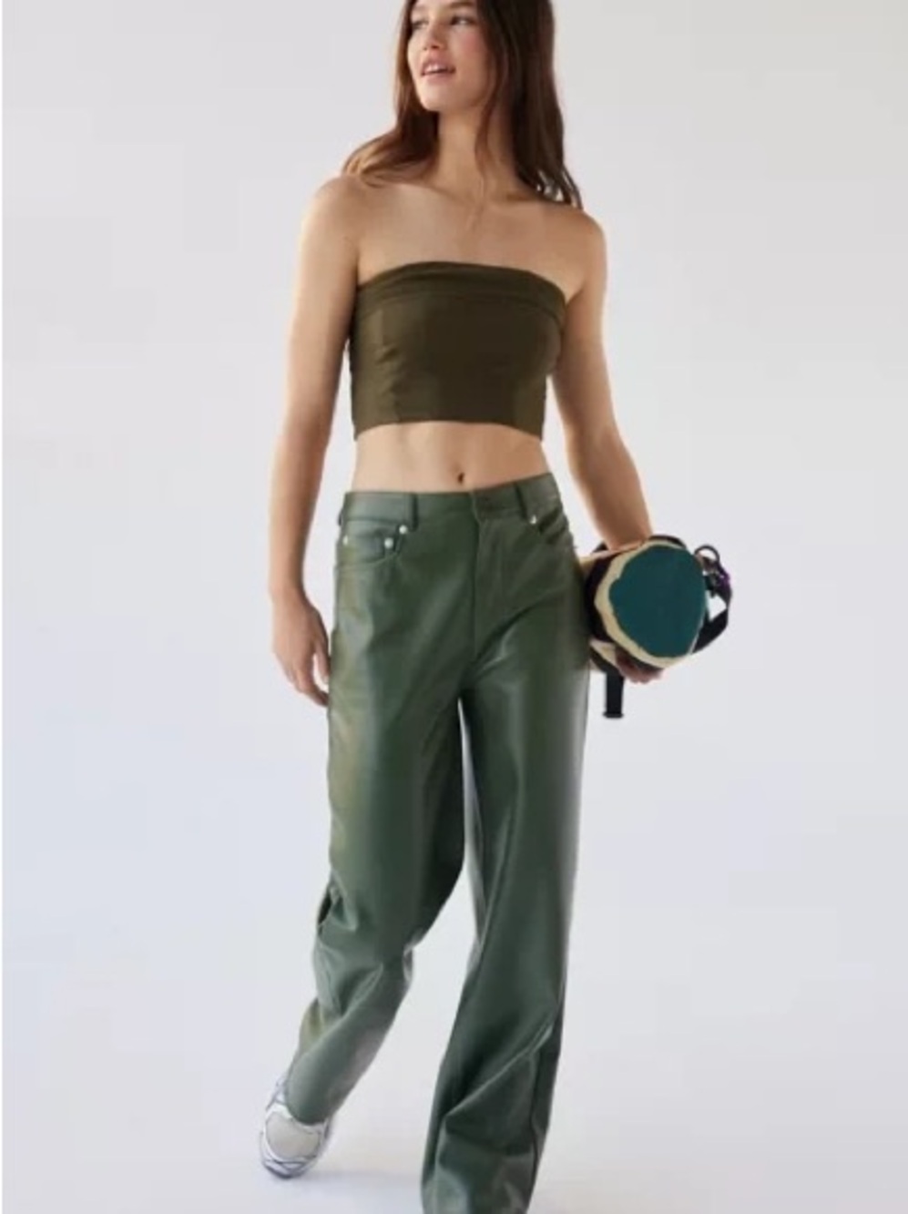 Olive Green Wide-Leg Leather Pants